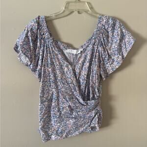 ASTR NWT Flutter Sleeve Faux Wrap Pink Blue Ditsy Floral Blouse size Medium